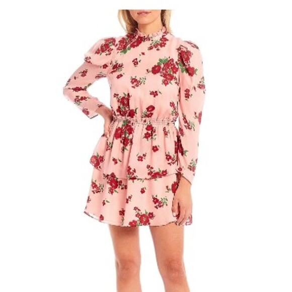 Julie Brown Gabe Floral Mini Dress Silk Ruffle Mock Neck Long Sleeve Small - Picture 1 of 6